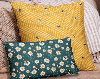 Floral Bee Pillow Case, Bumblebee Daisy Honeycomb Design, Cottagecore Honeybee Gift for Beekeeper Gardener Florist, Pillow Case Only 3 Sizes