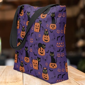 Halloween Tote Bag, Cute Halloween Work School Shopping Bag, Spooky Cat Print Purse, Cats Bats Pumpkins, Cat Animal Pet Lover Gift for Her