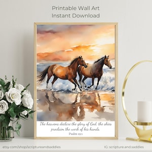 Sunrise Horses Watercolor Art - Psalm 19:1 Inspirational Printable - Nature and Beauty Wall Decor - Christian Home Art - Digital Download