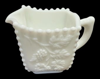 Vintage Westmoreland Milk Glass Creamer Beaded Paneled Grape Square Pitcher