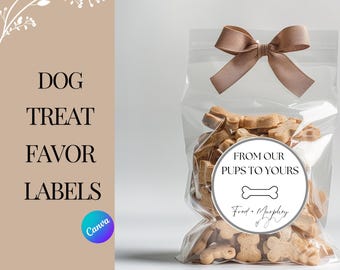 May include: A clear plastic bag filled with dog treats in the shape of bones. The bag is tied with a brown ribbon and has a round sticker that says "From our pups to yours" with a bone icon and the text "Fred & Murphy".