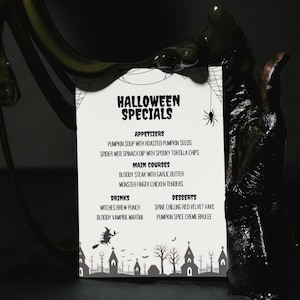 Szablon menu na Halloween, menu do druku, karta menu na jedzenie i napoje, dekoracja stołu na Halloween, menu na przyjęcie z okazji kolacji na Halloween, menu kawiarni, Canva