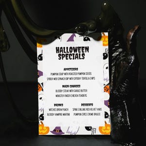 Szablon menu na Halloween, menu do druku, karta menu na jedzenie i napoje, dekoracja stołu na Halloween, menu na przyjęcie z okazji kolacji na Halloween, menu kawiarni, Canva