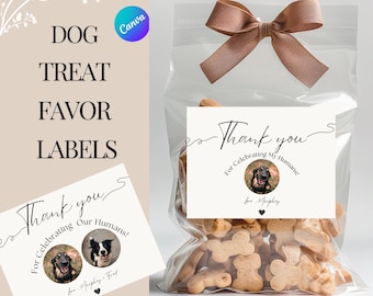 May include: White thank you favour labels with a black handwritten font. The labels feature a dog photo and the text "Thank you for celebrating my humans!" with the dog's name.