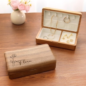 Birthday Custom Engraved Wooden Jewelry Box Personalized Birth Fower Wooden Vintage Jewelry Box Anniversary Gift Wedding Gift for Her