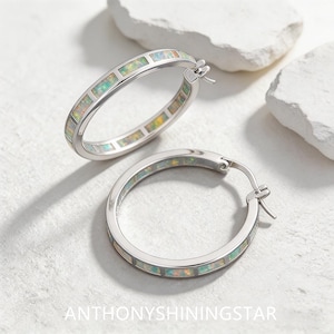 May include: A pair of silver-toned hoop earrings featuring a series of rectangular, iridescent opal-like inlays set along the outer edge. The earrings have a hinged post closure mechanism and display a play of green and orange light reflections.