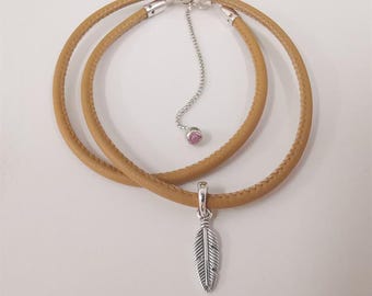 Pandora Tan Leder Feder Choker Halskette S925 Ale 38 cm