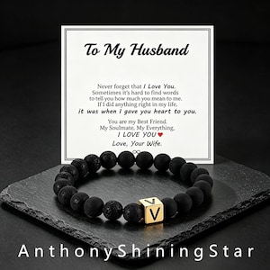 To My Husband Initial Bracelet Gold Agate Lava Stone Beaded Stretch Letter Gift for Him