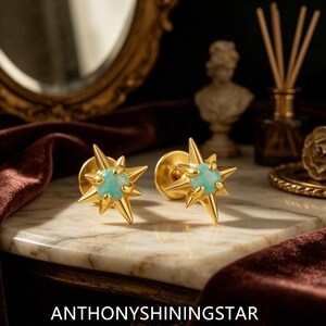 Gold Starburst Opal Stud, Silver Flat Back Piercing Earring, Celestial Tragus Helix Jewelry