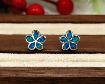 Frangipani Flower Stud Earrings, Opal Tropical Earrings, Vacation Style Jewelry, Whimsical Gift for Women & Girls