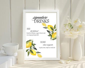 Lemon Bar Menu and Signature Drink Menu for Wedding or Party