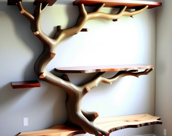 Made from natural wood Tree Decorative Wall Mounted Floating Bookshelf Solid Wood Bookcase Unique Housewarming Gift.