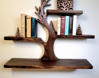 Made from natural wood Tree Decorative Wall Mounted Floating Bookshelf Solid Wood Bookcase Unique Housewarming Gift.