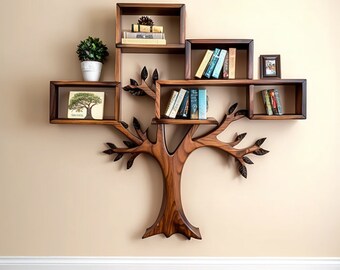 Made from natural wood Tree Decorative Wall Mounted Floating Bookshelf Solid Wood Bookcase Unique Housewarming Gift.