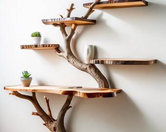 Made from natural wood Tree Decorative Wall Mounted Floating Bookshelf Solid Wood Bookcase Unique Housewarming Gift.