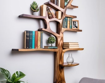 Made from natural wood Tree Decorative Wall Mounted Floating Bookshelf Solid Wood Bookcase Unique Housewarming Gift.