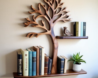 Made from natural wood Tree Decorative Wall Mounted Floating Bookshelf Solid Wood Bookcase Unique Housewarming Gift.