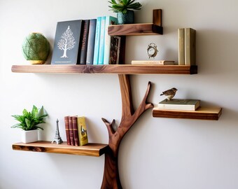 Made from natural wood Tree Decorative Wall Mounted Floating Bookshelf Solid Wood Bookcase Unique Housewarming Gift.