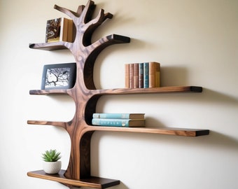 Made from natural wood Tree Decorative Wall Mounted Floating Bookshelf Solid Wood Bookcase Unique Housewarming Gift.