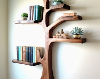 Made from natural wood Tree Decorative Wall Mounted Floating Bookshelf Solid Wood Bookcase Unique Housewarming Gift.