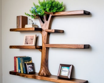 Made from natural wood Tree Decorative Wall Mounted Floating Bookshelf Solid Wood Bookcase Unique Housewarming Gift.