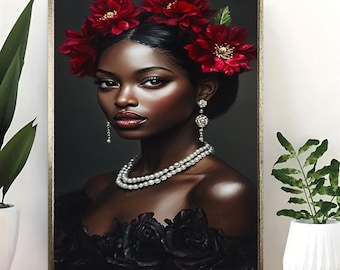 Elegant Black Woman Wall Art – Pearl Necklace Portrait Canvas – Red Floral Crown Beauty – Regal Afro Art for Luxury Home Decor