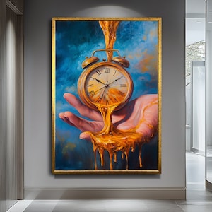 Surreal Clock Canvas Art , Surreal Melting Clock in Hand Art | Dreamlike Time-Themed Painting | Unique Wall Decor