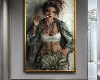 Sexy Woman Canvas Art,Sensual Wall Decor, Large Portrait Painting, Modern Wall Decor, Sophisticated Woman with Black Gloves and Lamp