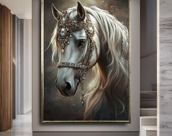 抽象的な白い馬のアート、モダンな馬の壁アート、雄大な抽象的な白い馬