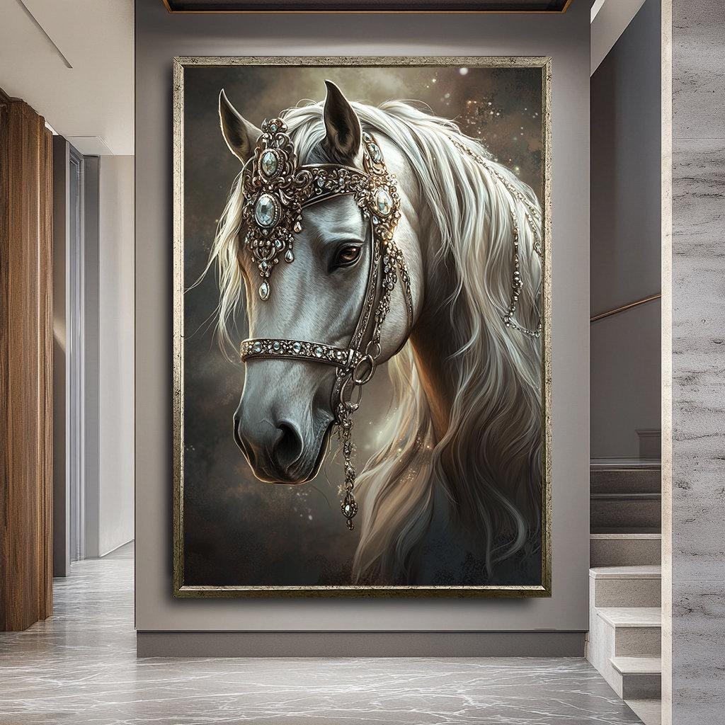 抽象的な白い馬のアート、モダンな馬の壁アート、雄大な抽象的な白い馬