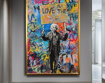 Graffiti Einstein Canvas Print, Street Art Style Canvas, Colorful Urban Wall Art,Pop Art Canvas Art,Abstract Science Decor for Modern Spaces