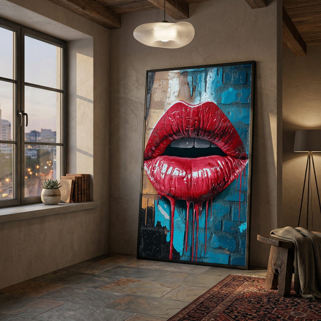 Bold Red Lips Canvas, Urban Graffiti Wall Art, Modern Pop Art Decor ...