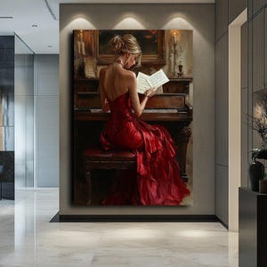 Elegant Woman in Red Dress Preparing to Play Piano, Captivating Art Print for Music Lovers.