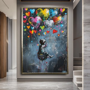 Lienzo con globos de Banksy, arte de graffiti de Banksy, póster con globos, arte de Banksy, diseño de lienzo para arte de pared, decoración lista para colgar, arte de pared