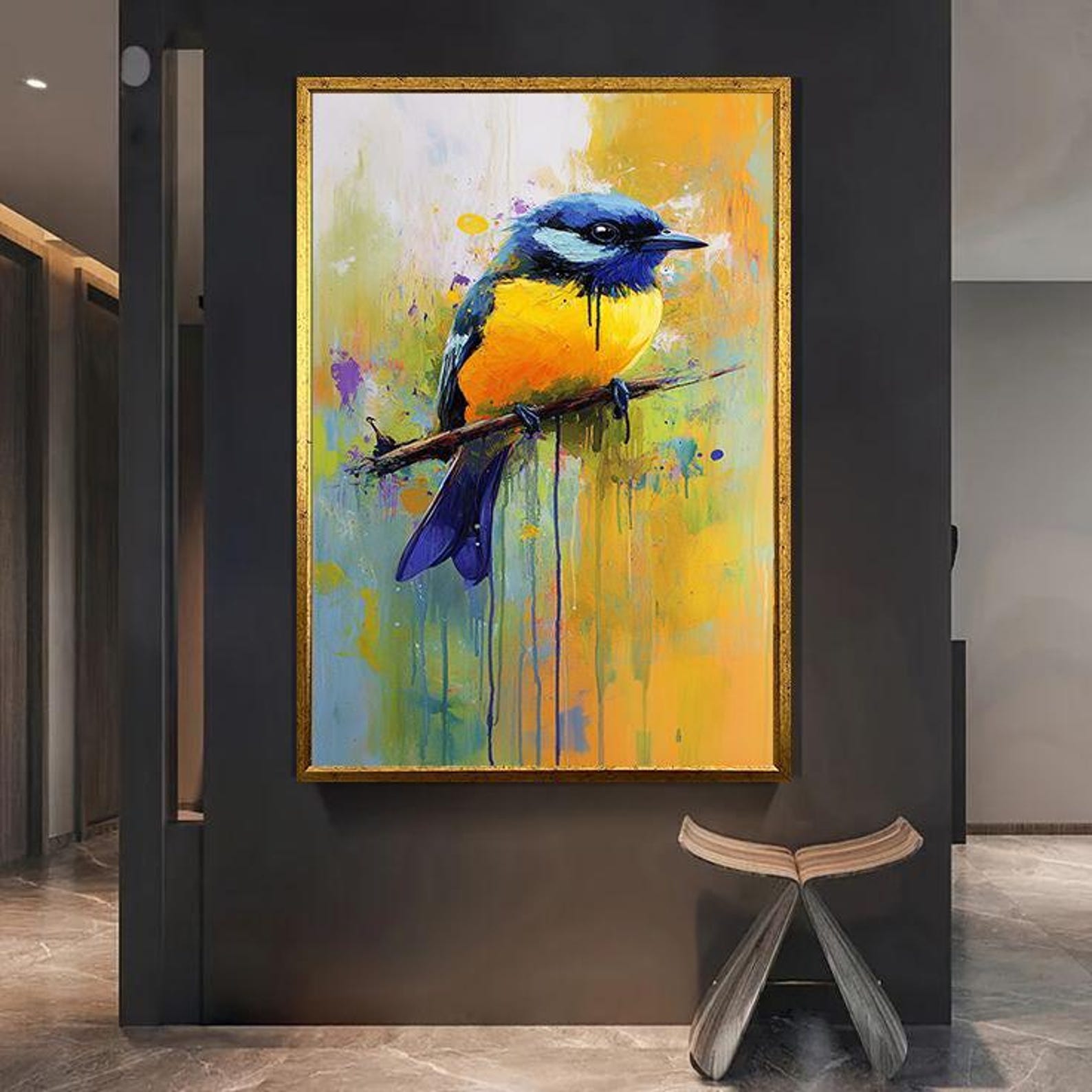 Vibrant Bird Canvas Wall Art - Colorful Blue and Yellow Bird Painting ...