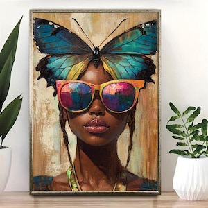Colorful Butterfly Woman Canvas Print - Vibrant Sunglasses Wall Art - Modern Feminine Canvas Artwork for Living Room or Bedroom