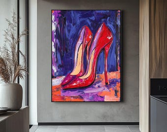 Red Stiletto Art Print | Glamorous Shoe Illustration | Fashion Wall Art | Chic Canvas Decor | Stylish High Heel Artwork