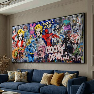 Pop Art Street Graffiti Collage Canvas, Urban Wall Art Decor, Marilyn Monroe and Superhero Canvas, Contemporary Mixed Media Art, Vibrant