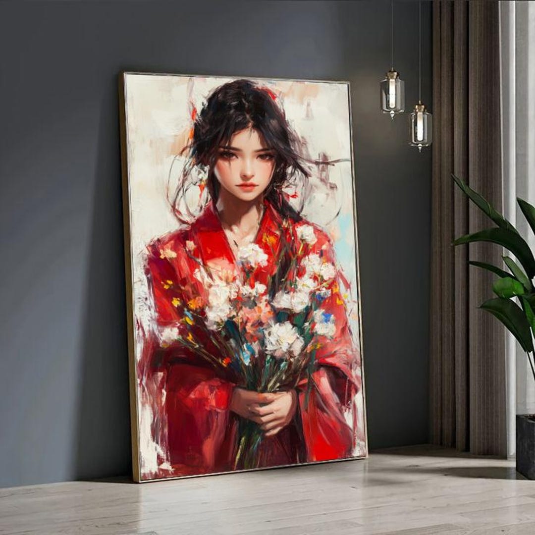 Elegant Asian Woman Canvas Wall Art - Red Kimono Canvas Print With ...