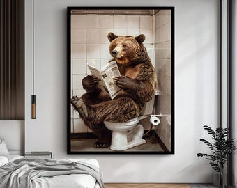Bear Reading Newspaper Art - Humorous Bathroom Bear Canvas Print, Quirky Animal Decor.