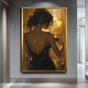 Woman Holding Glass Canvas Print, Backless Dress with Red Wine, Warm Amber Wall Art