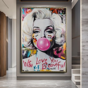 Kaugummi Frau Kunstdruck | Spaß und verspielte Wanddekoration | Moderne Pop Art Illustration | - schickes Leinwandbild | Witzige Wohnkultur