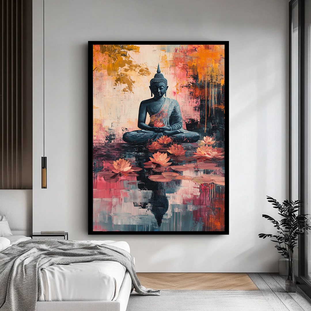 Peaceful Buddha Art With Lotus Flowers Zen Spiritual Canvas Painting ...