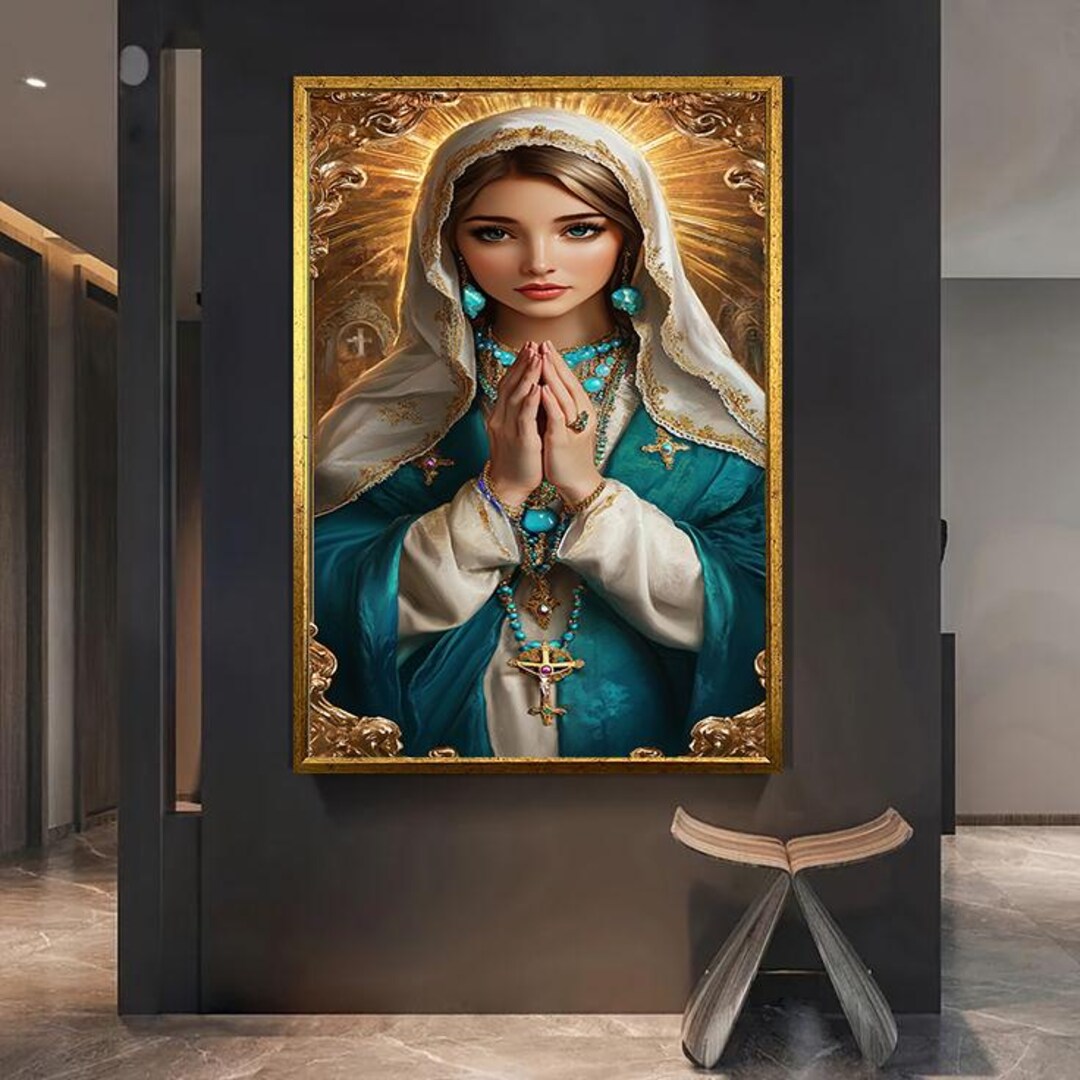 Elegant Virgin Mary Canvas Print - Religious Wall Art With Gold Accents ...
