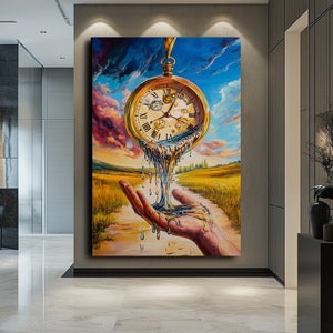 Surreal Melting Clock in Hand Art | Dreamlike Time-Themed Painting | Unique Wall Decor