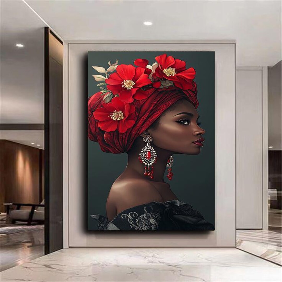 Elegant Red Floral Woman Canvas Print - Modern Afrocentric Wall Art ...