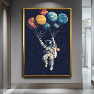 Astronaut Holding Planets Canvas Art - Cosmic Space Exploration Decor, Unique Astronomical Wall Art,Surreal Canvas Art