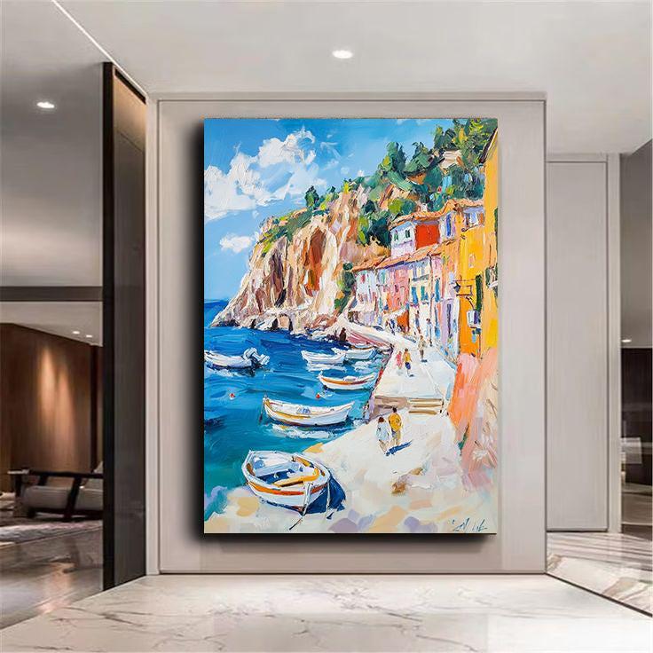 Mediterranean Coastal Village Wall Art – Colorful Seaside