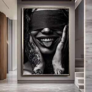 Blindfolded Woman Canvas Print, Black and White Tattooed Portrait Wall Art