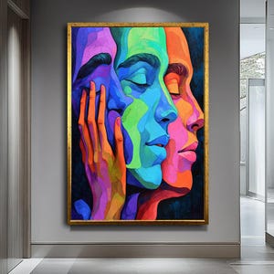 Colorful Abstract Faces in Profile Art | Intertwined Portraits Painting | Modern Wall Decor